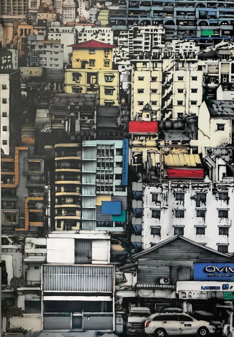 Rangún, Rangoon, airbrush a akryl na plátně, airbrush and acrylic on canvas, 150 x 100 cm, 2018