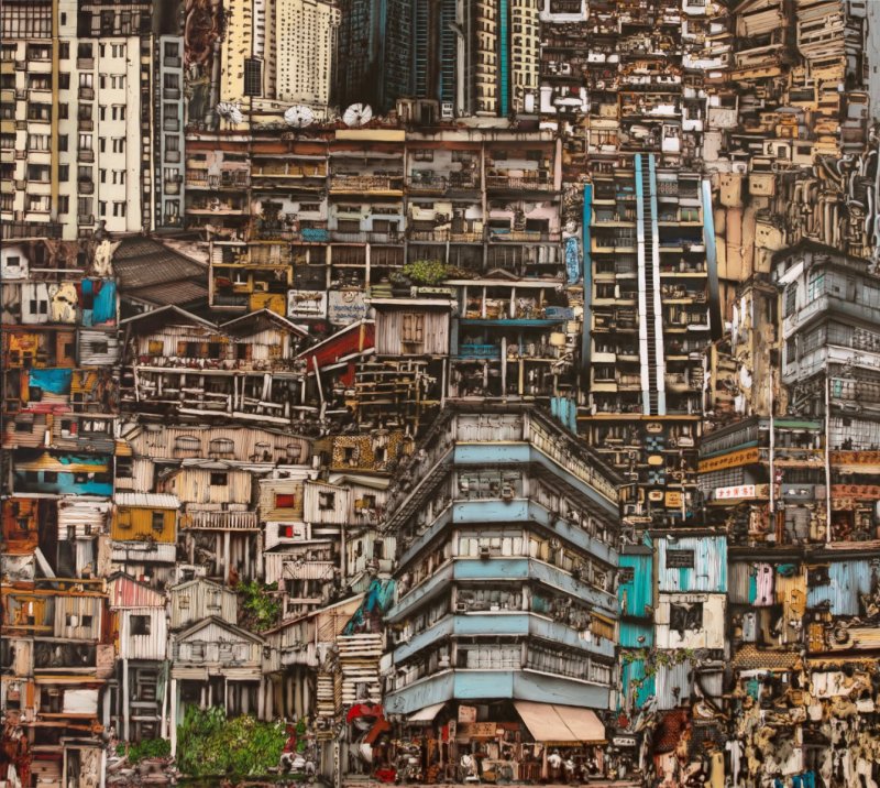 Slum, airbrush a akryl na plátně, airbrush and acrylic on canvas, 180 x 200 cm, 2018