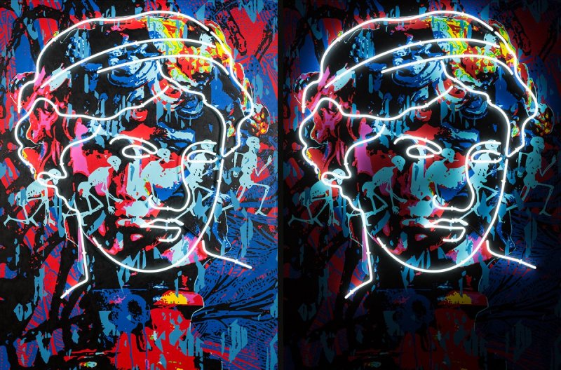 3 2 1 strart, akryl na plátně, neonové trubice, 160 × 120 cm, 2020